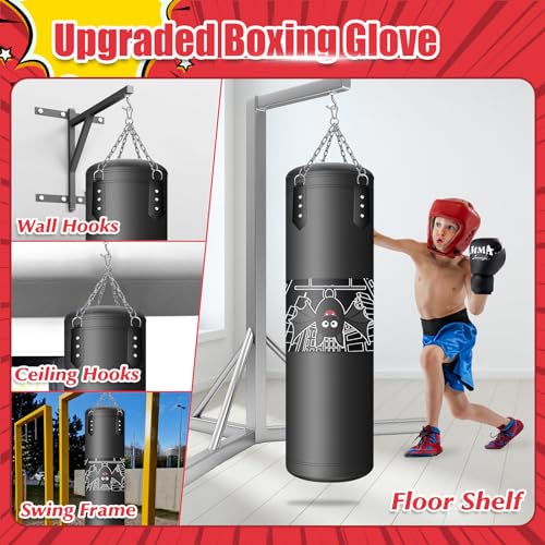 Punching Bag for Kids, 2.7FT Hanging Boxing Bag with Boxing Gloves | Kids Boxing Set Kickboxing Bag for Youth Boxing Karate Muay Thai Kick Taekwondo Training - style: Bats