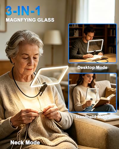 Neck Magnifying Glass with Light Hands Free,10X Large Lighted Magnifying Glass with 3 Modes,Full Book Page Magnifiers Flexible Gooseneck Magnifier for Close Work Reading Sewing Senior with Aging Eyes