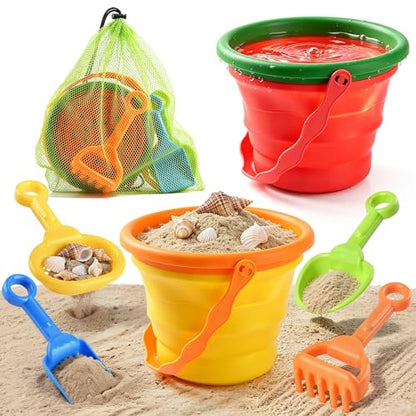 Collapsible Beach Toys for Kids, 2 Packs Foldable Silicone Sand Buckets Set with 4 Packs Sand shovels and Mesh Bag, Travel Beach Essentials for Sandbox, Pool, Camping,Fishing, Summer Party Favors