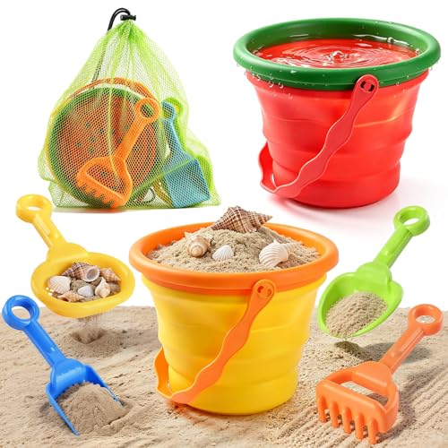 Collapsible Beach Toys for Kids, 2 Packs Foldable Silicone Sand Buckets Set with 4 Packs Sand shovels and Mesh Bag, Travel Beach Essentials for Sandbox, Pool, Camping,Fishing, Summer Party Favors