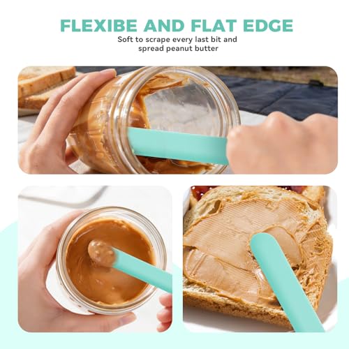 Silicone Jar Spatula Set of 4, Long Handle Skinny Spatula and Spurtle for Sourdough Starter, Flexible Jar Scraper for Peanut Butter, Jam, Icing, Cream with No Batter Left Behind (4, Green)