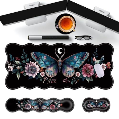 Large Gaming Mouse Pad, Keyboard Wrist Rest Pad & Wrist Support Mousepad Set, Stitched Edge, Extended, Non-Slip Base, Memory Foam Desk Mat for Office, Home,Aesthetics Floar Butterfly Moon - color: Aesthetics Floar Butterfly Moon