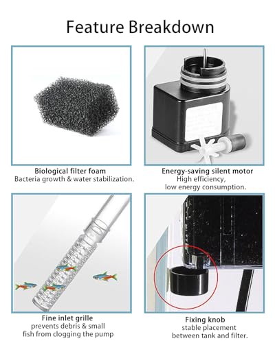 Small Fish Tank Filter, Hang on Filter for 1-5 Gal Nano Aquarium, Ultra Quiet Power Filter with Aeration & Oil Skimmer, Adjustable Flow for Betta Shrimp Tank