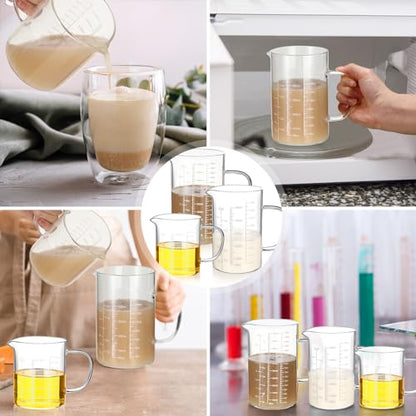 3 Pack High Borosilicate Glass Measuring Cups Set with Handle V Shaped Spout, 4, 2, 1 Cup 3 Scales (Oz, Cup, Ml) for Kitchen Restaurant Baking Cooking, Easy to Read, Clear(White Scale)