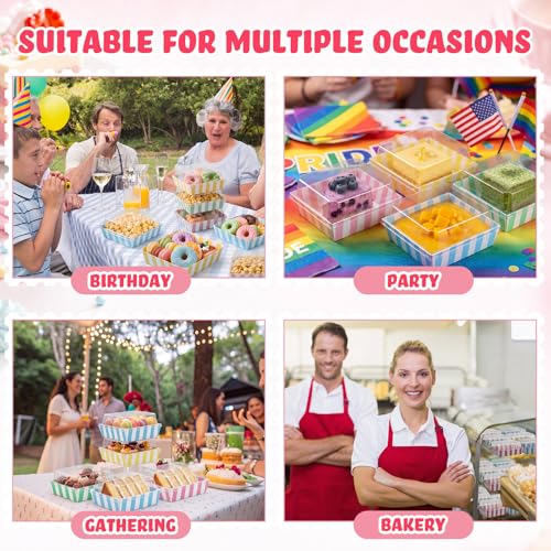 100 Pcs 5 Inch Small Charcuterie Boxes with Clear Lids Cake Slice Containers Striped Paper Bakery Boxes Disposable Food Containers for Dessert Cookie Sandwich Mini Cake Strawberry