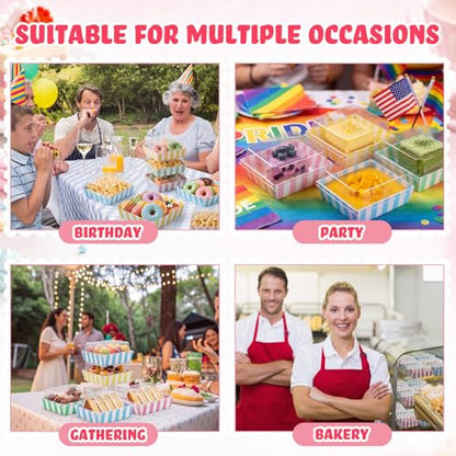 100 Pcs 5 Inch Small Charcuterie Boxes with Clear Lids Cake Slice Containers Striped Paper Bakery Boxes Disposable Food Containers for Dessert Cookie Sandwich Mini Cake Strawberry
