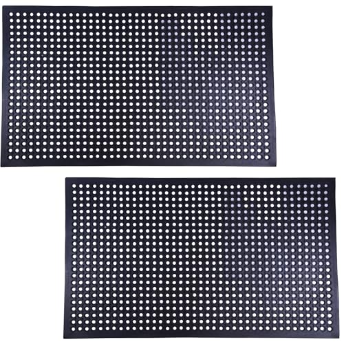 2 Pack Rubber Floor Mat, 36"x60" Anti-Fatigue Door Mat w/Holes for Restaurant, Kitchen, Bar, Indoor/Outdoor, Black