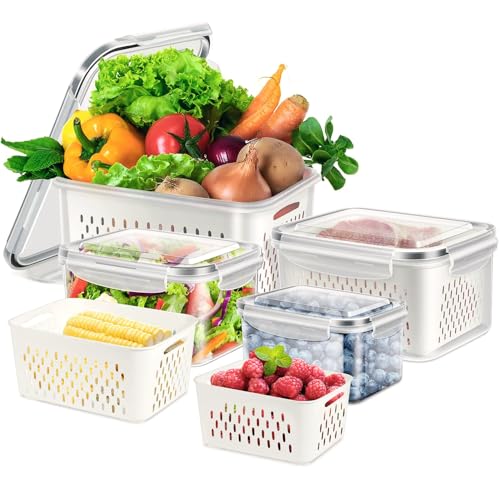 8 Pieces Fruit Storage Containers for Fridge with Lids and Strainer, 4Pack Fruit Containers for Fridge, Fresh Produce Saver Keeper for Vegetable Fruit Salad, BPA Free Fruit Organizer for Refrigerator