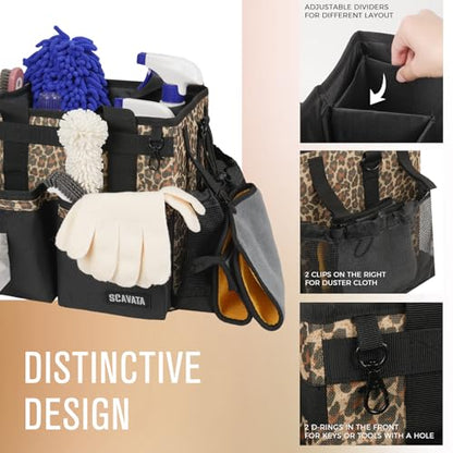 Compact Wearable Cleaning Caddy, Small Cleaning Supplies Organizer with Handle & Shoulder Straps for Housekeepers, under Sink & Car Cleaning Tool Organizers Bag (Leopard) - color: Leopard