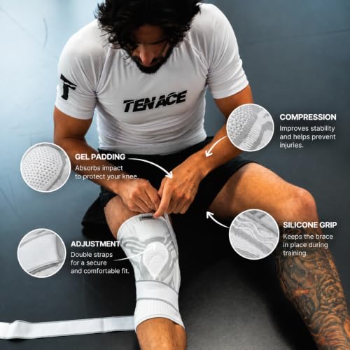 Tenace BJJ Knee Brace – Compression Knee Pad with Side Stabilizers & Gel Pad for Grappling, Jiu Jitsu, MMA, Wrestling, Judo & Muay Thai (1, White, X-Large) - color: White, size: X-Large