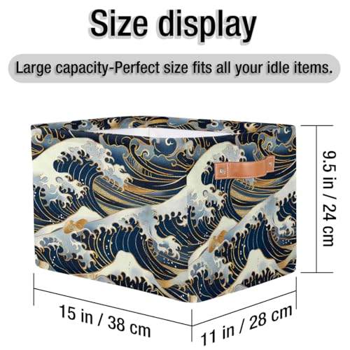 Ocean Waves Japanese Storage Basket with Handles Collapsible Storage Bins Rectangular Toy Storage Organizer Box Fabric Shelf Baskets for Nursery Bedroom Bathroom 1PC