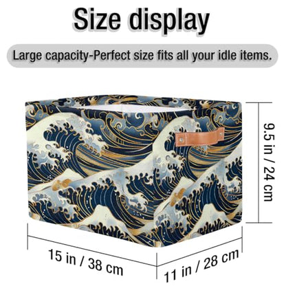 Ocean Waves Japanese Storage Basket with Handles Collapsible Storage Bins Rectangular Toy Storage Organizer Box Fabric Shelf Baskets for Nursery Bedroom Bathroom 1PC