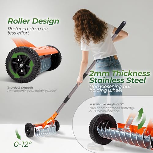 Walensee Dethatching Roller Rake with 76.8'' Adjustable Handle, Lawn Dethatcher Rake with 2mm Stainless Steel Blades,Thatch Remover, Soil Aerator & Loosening Tool for Moss, Leaves, Yard Lawn Care