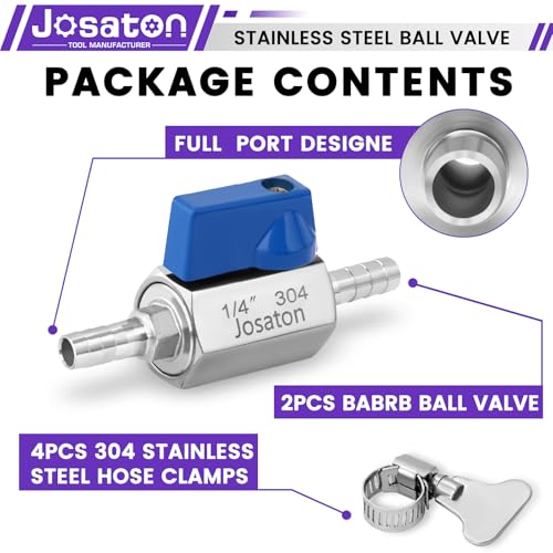 2PCS 1/4" Barb Ball Valve 304 Stainless Steel Mini Shut Off Valve for Water Gas Fuel Drip Irrigation and Aquariums, with Hose Clamps - style: 2PCS-1/4" Barb Ball Valve