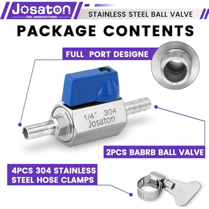 2PCS 1/4" Barb Ball Valve 304 Stainless Steel Mini Shut Off Valve for Water Gas Fuel Drip Irrigation and Aquariums, with Hose Clamps - style: 2PCS-1/4" Barb Ball Valve