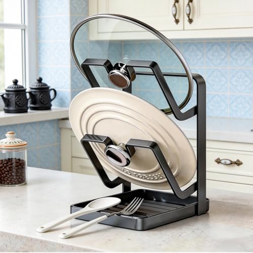 Pot & Pan Lid Organizer | Kitchen Pot Lid Storage Rack While Cooking | Pan Lid Organizer with Removable Tray for Kitchen Countertop | Space Saving, Waterproof, Rustproof (Grey)
