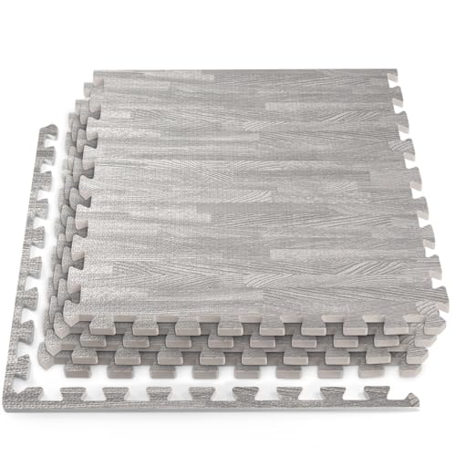 HomeCube USA 3/8" Grey Wood Interlocking Foam Floor Tiles, 32 Sq Ft | Includes 8 24x24 inch interlocking EVA foam tiles with anti-fatigue cushioning for home, office, gym & commercial spaces. - color: Grey, size: 32 Sq Ft (8 Tiles)