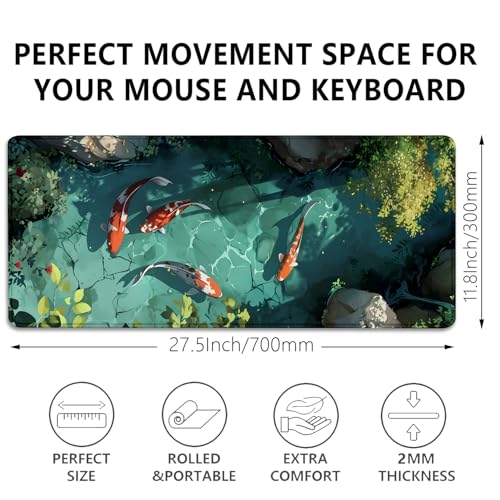 Japanese Koi Carp Fish Desk Pad Mouse Pad,Large Gaming Mouse Mat with Stitched Edges,Non-Slip Rubber Base Mous Mat for Office,Computer,Keyboard,Laptop and Home Desk Pad(27.5X11.8 in) - color: Koi in Water