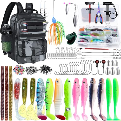 Fishing Backpack with Tackle Boxes,Fishing Sling Tackle Bag with Rod Holder Waterproof Fishing Bag with Fishing Gear, Fishing Gifts for Men Women Gear Combo Kit,Camouflage Gray - color: Camouflage Gray