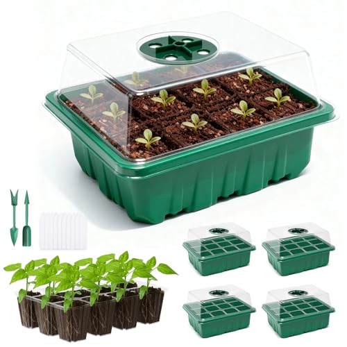 5 Packs Seed Starter Tray with Humidity Dome, Seed Starter Kit with Transparent Drain Hole Base Indoor Greenhouse Mini Propagator for Seeds Growing Starting(60 Cell Trays, Green)
