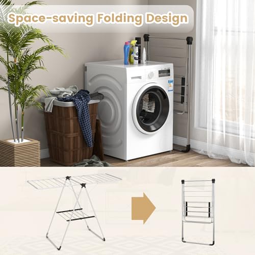 Tangkula 2-Level Collapsible Clothes Drying Rack w/Height-Adjustable Wings | Light-Weight Aluminum | Bottom Shoe Rack | No Assembly | Foldable & Space-Saving| for Laundry Room, Balcony, Patio | Silver