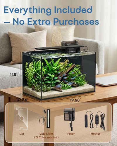 Glass Fish Tank Kit, 10 Gallon Betta Fish Tank Aquarium Starter Kit with Filter, Lights, Lid, for Betta, Goldfish, Small Fish or shrimg