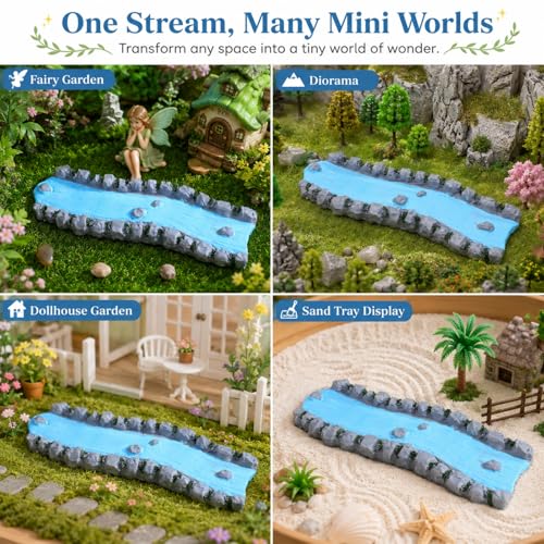 jojofuny 2 Pcs Miniature Resin Stream for Fairy Garden Decor, Hand-Painted Mini River Scene with Rock Edges, Blue Creek Diorama Accessory for Dollhouse Garden, Sand Tray Display, Model Landscape Craft