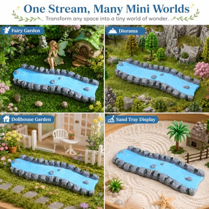 jojofuny 2 Pcs Miniature Resin Stream for Fairy Garden Decor, Hand-Painted Mini River Scene with Rock Edges, Blue Creek Diorama Accessory for Dollhouse Garden, Sand Tray Display, Model Landscape Craft