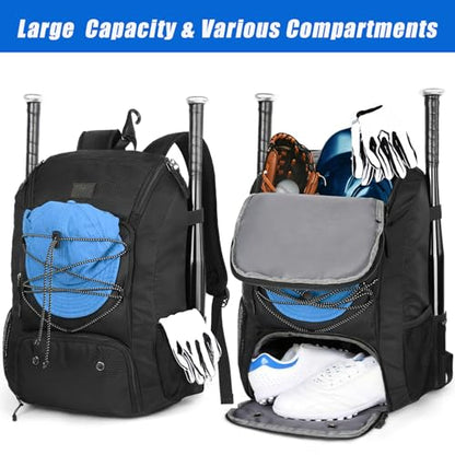 MATEIN Youth Baseball Backpack, Softball Bat Bag with Shoes Compartment | Lightweight Baseball Bag for Boys and Adult, Fence Hook Hold TBall Bat, Batting Mitten, Helmet, Caps, Teeball Gear Equipment - color: Black, size: 47L