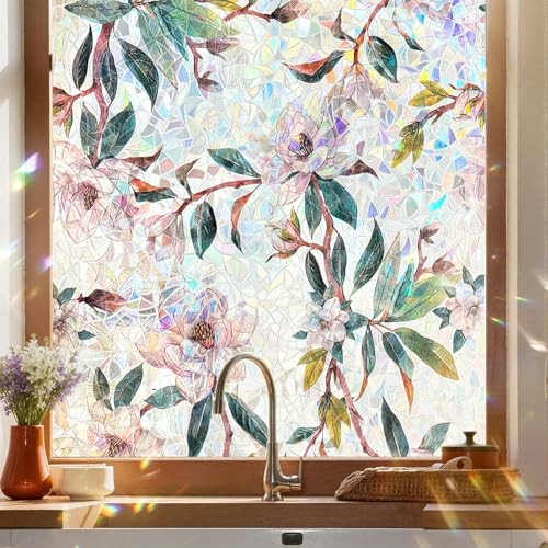 Window Privacy Film, Stained Glass Decorative Static Cling, Removable Laser Sun Blocking Vinyl Covering, Window Film for Home Kitchen Living Room, First Snow Magnolia, 17.5" x 78.7" - color: First Snow Magnolia, size: 17.5" x 78.7"