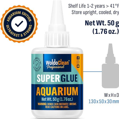 WoldoClean Aquarium Super Glue 50g - Plant Glue for Aquascaping, Live Plants, Moss, Rocks & Driftwood - Fish Tank Safe, Clear Drying & Waterproof, Freshwater & Saltwater Reef