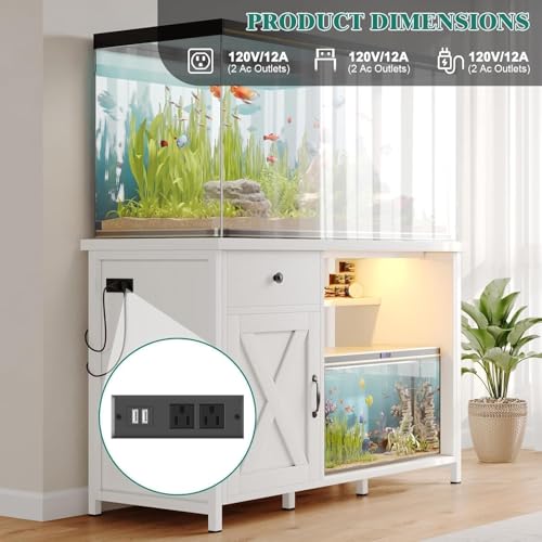 4ever2buy 55-75 Gallon Fish Tank Stand with Power Outlets, LED Light, Heavy Duty Aquarium Stand with Cabinet for Fish Tank Accessories Storage, for Turtle Tank, Reptile Terrarium, 1100LBS, White