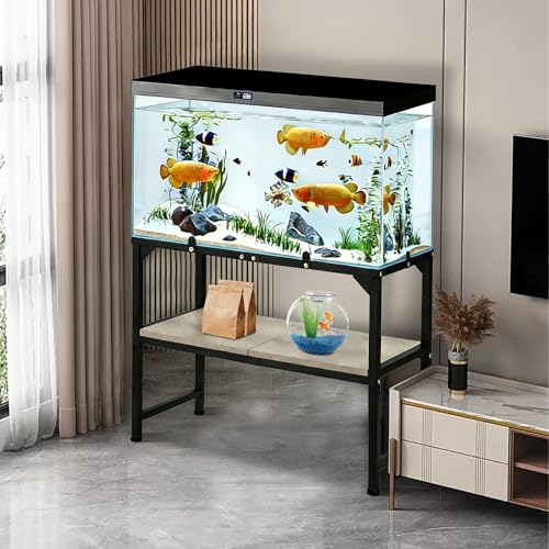 10-20 Gallon Fish Tank Stand, Metal Aquarium Stand with Adjustable Non-Slip Foot and Wooden Shelf, Reptile Tank Stand Easy to Assemble for Home Office, Firm and Steady(Tank not Included) - color: BLACK-02