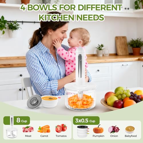 Petyoung Glass Food Processor, Small Food Processor with 2 Blades and 4 Bowls(1500ml/8 Cup + 3×150ml/3x0.5 Cup), Cordless Electric Meat Grinder for Meal Prep Baby Food Sauces