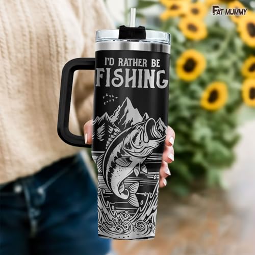 Fishing 40oz Insulated Tumbler With Handle And Straw, Laser Engraved Style Stainless Steel Travel Mug, Funny Fisherman Gift For Men, Dad, Fathers Day