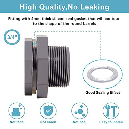 3/4 Inch PVC Bulkhead Water Tank Connector Adapter Fitting with Plugs Thru-Bulk Pipe Fitting for Rain Barrels, Aquariums, Ponds(Set of 1) - size: 3/4"-1pcs