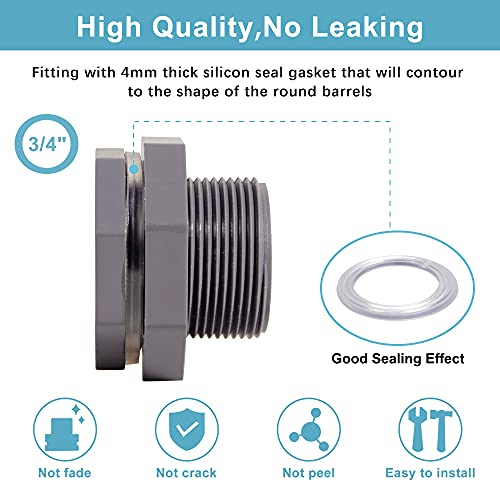 3/4 Inch PVC Bulkhead Water Tank Connector Adapter Fitting with Plugs Thru-Bulk Pipe Fitting for Rain Barrels, Aquariums, Ponds(Set of 3) - size: 3/4"-3pcs