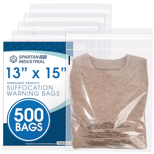 Spartan Industrial - 13" X 15" (500 Count) Self Seal Clear Poly Bags with Suffocation Warning for Packaging, Clothes - Permanent Adhesive - size: 13" x 15"