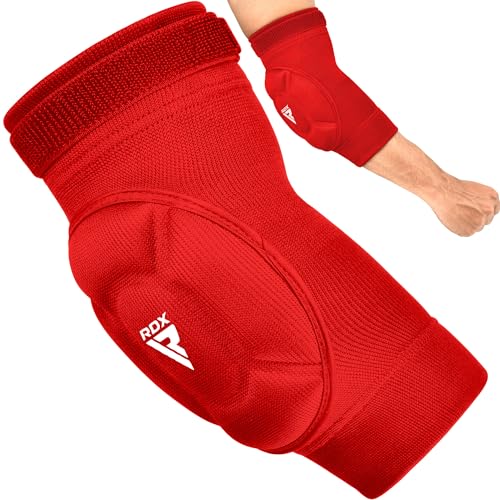 RDX Elbow Pads, Muay Thai MMA Kickboxing Sparring Elbow Guard, Martial Arts Striking Protection,Wrestling Basketball Adjustable MTB Volleyball Compression Padded Sleeve, Men Women - color: Red White, size: Medium