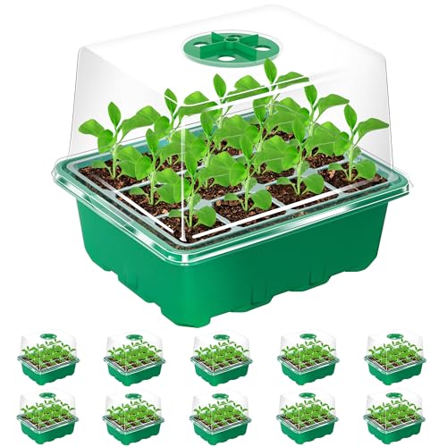 10 Packs Seed Starter Tray with Elevated Lid, 120 Cells Thicken Seed Starting Trays Kit with Adjustable Humidity Vent, Clear Cell Tray and Heightened Lids for Greenhouse & Gardens, Green - color: Green, size: 10 Packs, NO light