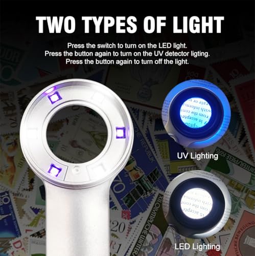 Handheld 60X Magnifier Loupe with UV & LED Lights 30mm Optical Coating Lens USB Rechargeable Jewelry Loupe Magnifying Glass for Jewellery, Rocks, Coins, Stamps, Antique, Watch Repairs - size: 60X with Button Light