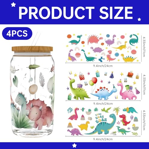UV DTF Cup Wrap Transfer Stickers Rub On Transfers 4 Sheets Dinosaur Tumblers Water Bottles Mugs Glasses Cups - style: Dinosaur