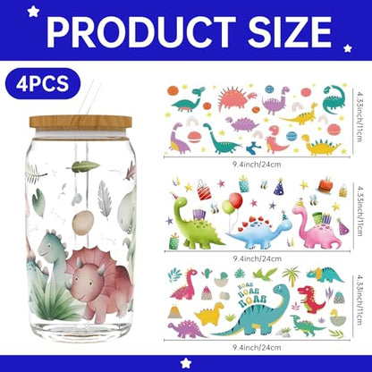 UV DTF Cup Wrap Transfer Stickers Rub On Transfers 4 Sheets Dinosaur Tumblers Water Bottles Mugs Glasses Cups - style: Dinosaur