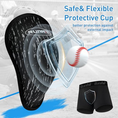 Runhit Boys Baseball Cup Underwear Football Cup Boxer Brief Youth Compression Shorts with Soft Protective Athletic Cup - color: 2pack:black+black, size: Small