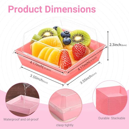 TMLQPACK 100Pack 4 Inches Charcuterie Boxes with Clear lids Covered Strawberries Boxes - color: Pink