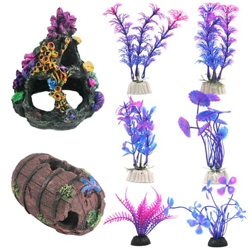8Pcs Fish Tank Decorations Betta Fish Tank Accessories Colorful Coral Reef Set, Coral Mountain x 1, Starfish Barrel x 1, Aquarium Decor Plants x 6