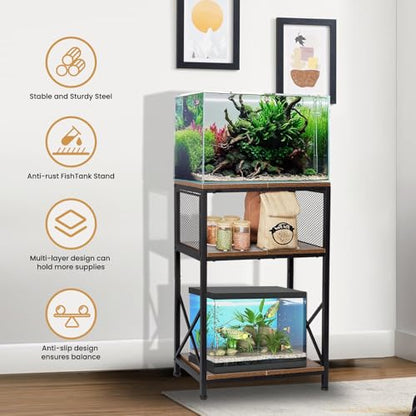Fish Tank Stand, 10 Gallon Aquarium Stand, 3-Tier Metal Storage Shelf, 20.47"×11.42"×31.69" Heavy Duty Terrarium Stand for Home Office Fish Tank Shelf, Rustic Brown - color: Rustic Brown