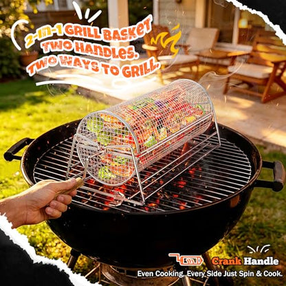 2-in-1 Rolling Grill Basket with Dual Handles, 304 Stainless Steel Rotatable BBQ Basket with Crank Handle & Straight Grip Handle, Grill Net for Vegetables, Shrimp & More, Gift Idea for Men, Dad, Husband
