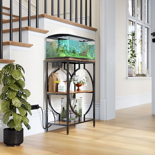 10 Gallon Aquarium Stand with Power Outlet, 3 Tier Heavy Duty Metal Fish Tank Stand with Storage, Fish Tank Table for Home Office, 21.3" x 11.8" x 29", Rustic Brown - size: 10 Gallon
