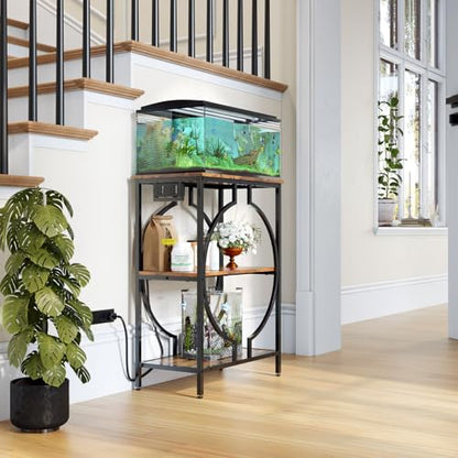 10 Gallon Aquarium Stand with Power Outlet, 3 Tier Heavy Duty Metal Fish Tank Stand with Storage, Fish Tank Table for Home Office, 21.3" x 11.8" x 29", Rustic Brown - size: 10 Gallon